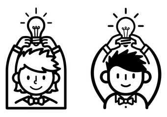 Vector art of boy with light bulb over head, creative idea and innovation concept