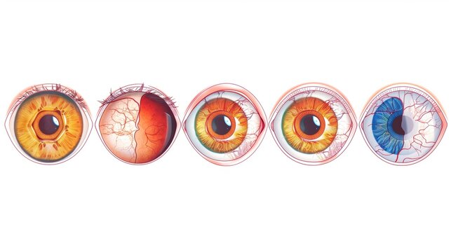 Horizontal scientific illustration showing five stages of diabetic retinopathy progression, detailed fundus view of each stage, from normal retina to proliferative retinopathy
