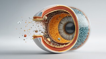 Diabetic Eye Disease Month. scientific infographic of diabetic eye disease statistics, combining realistic eye cross-section with microscopic cellular visualization