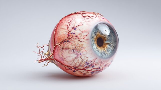 Diabetic Eye Disease Month. medical illustration of a human eye affected by diabetic retinopathy, showing damaged blood vessels, retinal bleeding, and microaneurysms