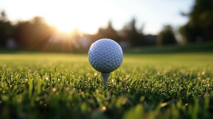 A white ball for a golf on a TI, placed on the juicy green grass of a golf field, with soft rays of the setting sun and blurry background of trees.