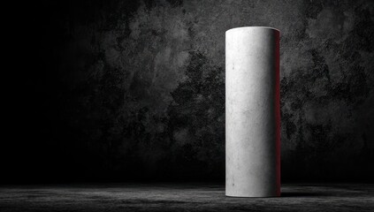A cylindrical object stands in a dark, textured room, lit subtly from the side.
