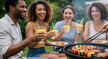 A group of friends, including afro american man and women, enjoy a summer barbecue outdoors, laughing and holding glasses of lemonade.