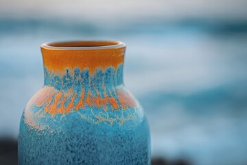 A beautifully crafted ceramic vase with vibrant orange and serene blue reactive glaze, showcasing unique texture against a soft, blurred aquatic background.