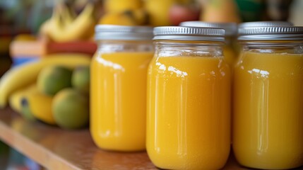 Three glass jars with bright orange juice, closed with metal lids, are on a wooden surface. In the background, fresh fruits are blurred, such as bananas and mangoes