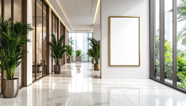 A modern, minimalist hallway with large windows, showcasing a blank canvas print, and lush greenery.