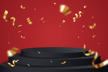 Isolated empty podium with flying gold confetti