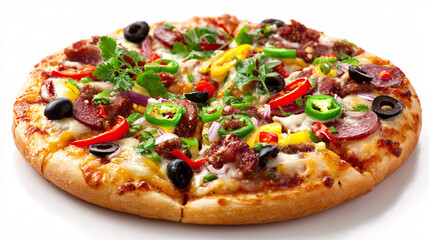 Vibrant pepperoni pizza with fresh vegetables, herbs, and black olives &ndash; delicious Italian cuisine.