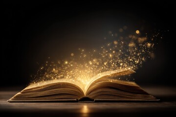 Open book releases golden sparkles, illuminating the dark surroundings in a magical scene during night time
