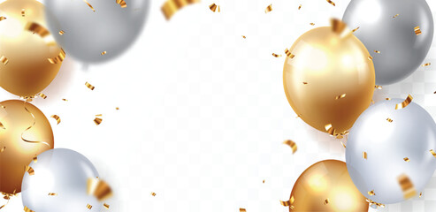Gold and silver balloons with celebration confetti, banner design for happy Birthday greeting card, banner, and template backgrounds