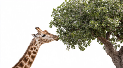 Giraffe gracefully reaching for fresh green leaves on an acacia tree in the savanna.