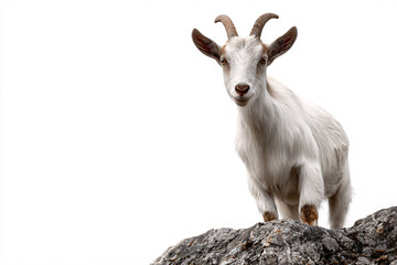 Fototapeta premium Majestic white goat standing proudly on rocky outcrop, isolated on white background.