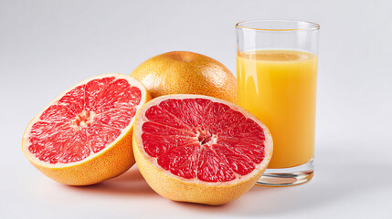 Fresh ruby red grapefruit halves and vibrant juice in glass, healthy breakfast concept.