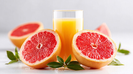 Fresh ruby red grapefruit halves and vibrant juice, healthy breakfast still life composition.