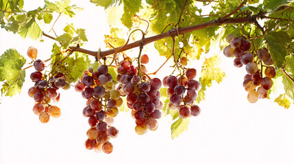 Ripe red and purple grapes hanging from vine with sunlit leaves, harvest season.