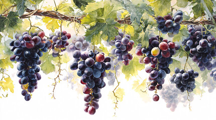 Watercolor painting of hanging grape bunches with lush green leaves, harvest bounty, vineyard still life.