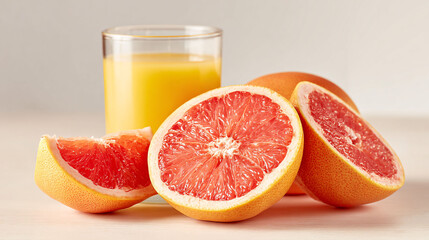 Fresh grapefruit slices and vibrant orange juice, healthy citrus fruits on a light wooden surface.