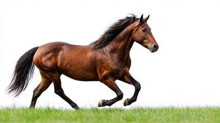 Majestic brown horse galloping freely across lush green meadow, equine power and grace.