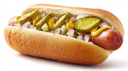 Classic American hot dog with mustard, pickles, and onions – summertime picnic food indulgence