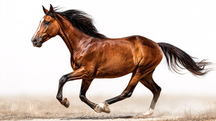 Powerful bay horse galloping freely across open plains, majestic equine movement, wild spirit.