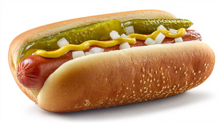 Classic American hot dog with mustard, relish, and onions on a sesame seed bun.