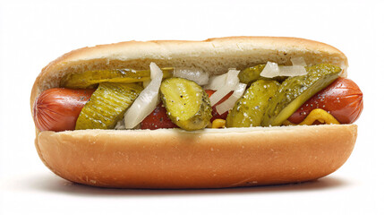 Chicago-style hot dog with vibrant green relish, onions, and mustard on a poppy seed bun