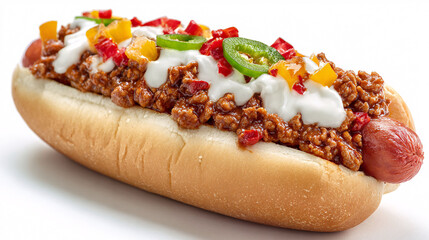 Loaded chili cheese dog with colorful peppers, a classic American comfort food indulgence.