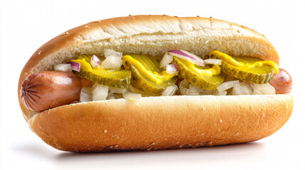 Chicago-style hot dog with vibrant toppings, classic American cuisine, isolated on white background.