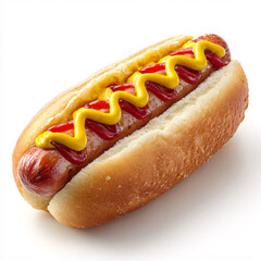 Classic American hot dog with mustard and soft bun, isolated on white background, delicious fast food.