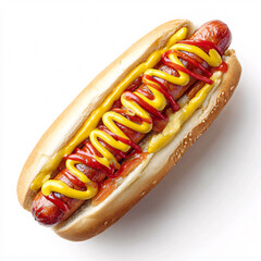 Classic American hot dog with mustard and ketchup, isolated on a white background, fast food.