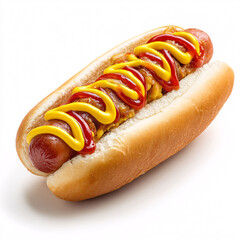 Classic American hot dog with mustard and ketchup, isolated on white background, summertime food concept
