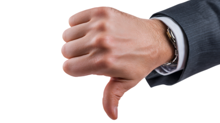 Close up of a mans hand giving thumbs down isolated on transparent background