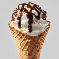 Delicious vanilla ice cream cone with rich chocolate drizzle, sweet treat indulgence, studio lighting.
