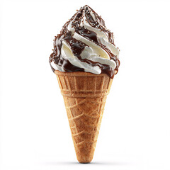 Decadent chocolate banana swirl soft serve ice cream cone, sweet treat indulgence, studio lighting