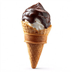 Delicious vanilla ice cream cone with rich chocolate sauce, sweet treat indulgence, studio lighting