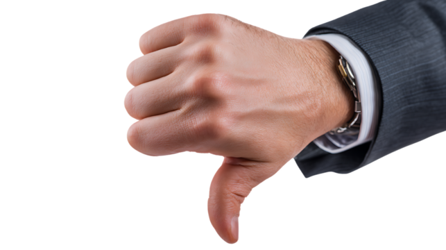 Close up of a mans hand giving thumbs down isolated on transparent background