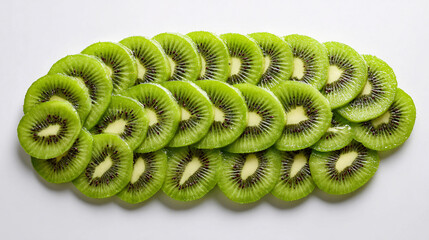 Fresh kiwi slices arranged in a pattern on a white background, healthy fruit concept.