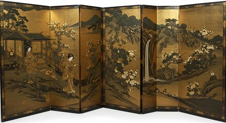 Intricate Japanese landscape artwork on a dazzling gold folding screen depicting mountains people and a cascading waterfall.