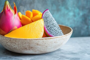 A vibrant mix of tropical fruits, including sliced dragon fruit and ripe mango pieces, artfully arranged in a rustic bowl.