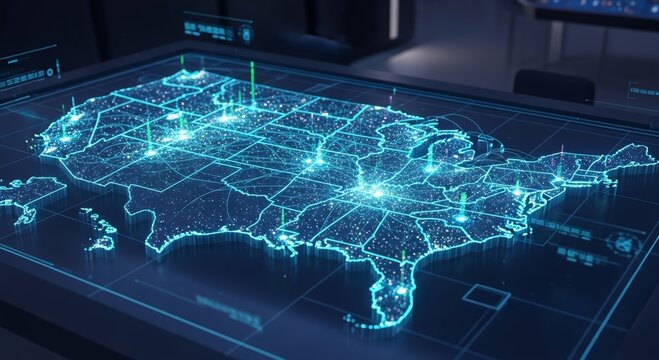 Digital map of the united states with glowing data points in a futuristic interface