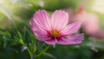 Obraz premium A Blurry Image Of A Pink Flower With Green Leaves The Flower Is In The Center Of The Image And The Leaves Are Surrounding It The Image Has A Soft Dreamy Quality To It