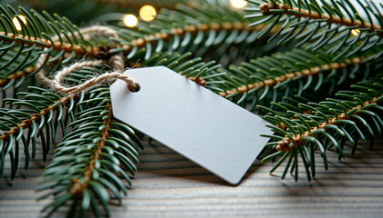 Blank white gift tag on christmas fir tree branches with warm lights