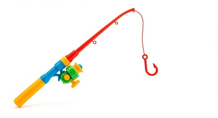 Vibrantly colored plastic toy fishing rod brightly lit on a stark white background perfect for childrens play