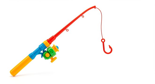 Vibrantly colored plastic toy fishing rod brightly lit on a stark white background perfect for childrens play