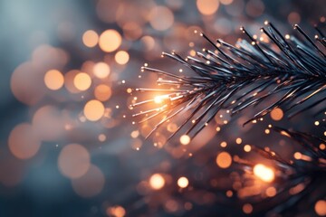 Luminous fiber optic strands or a festive branch adorned with sparkling lights and warm bokeh, creating a magical, abstract glow.