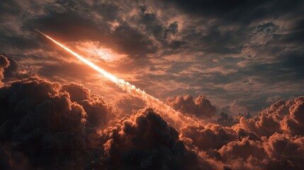 Fototapeta premium War missile soaring through dark stormy clouds, illuminating the sky with fiery trails, symbolizing conflict and economic crisis in a dramatic visual narrative