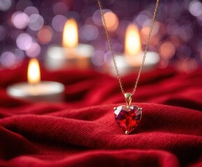 Heart-shaped ruby pendant on red velvet with candlelight ambiance