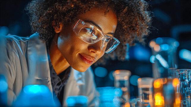 A young female scientist wearing safety glasses in a laboratory, engaged in an experiment or research. She is looking at test tubes or chemical reagents