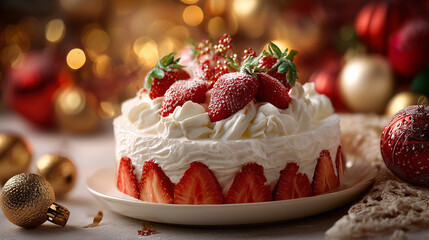 彩る苺と生クリームのクリスマスケーキ