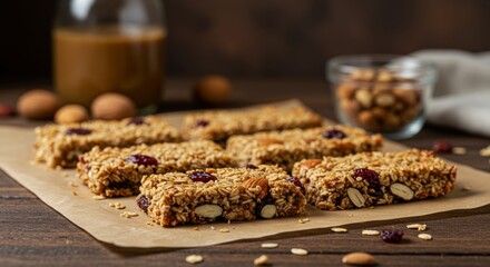 Healthy granola bars with nuts and berries on rustic wooden table for snack ideas